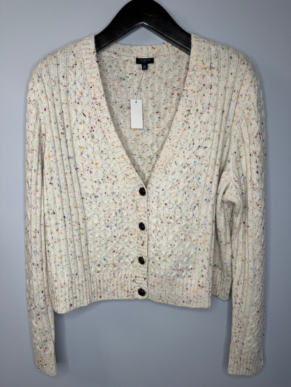 Talbots Beige Confetti Mixed Stitch Cropped V-neck Cable Cardigan Sz 2X New